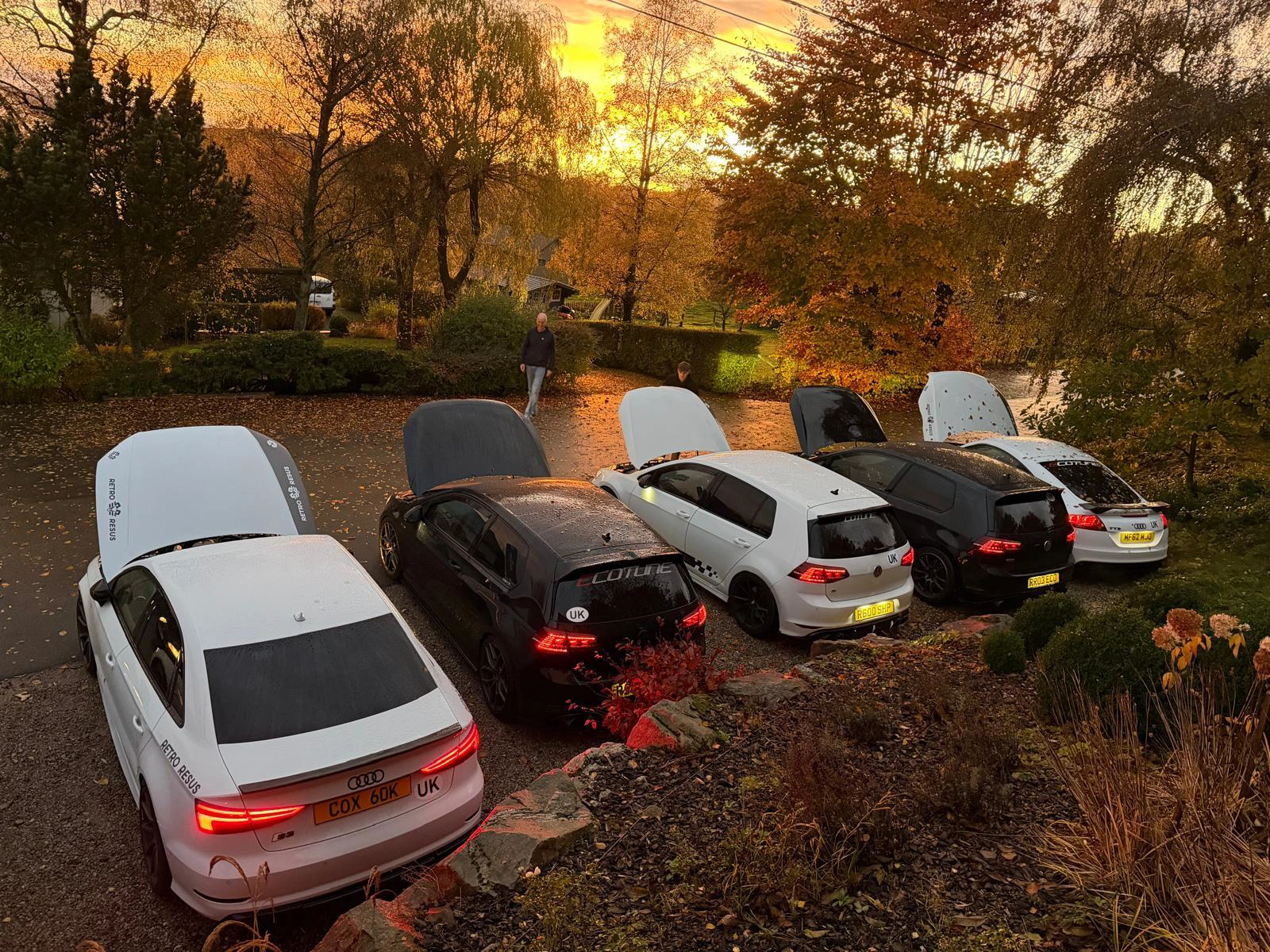 5 cars in a row with their bonnets open